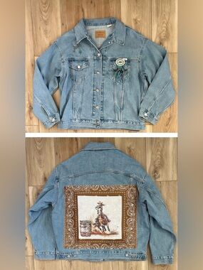 Custom Rodeo Girl Denim Jacket w/Vintage Custom Brooches M